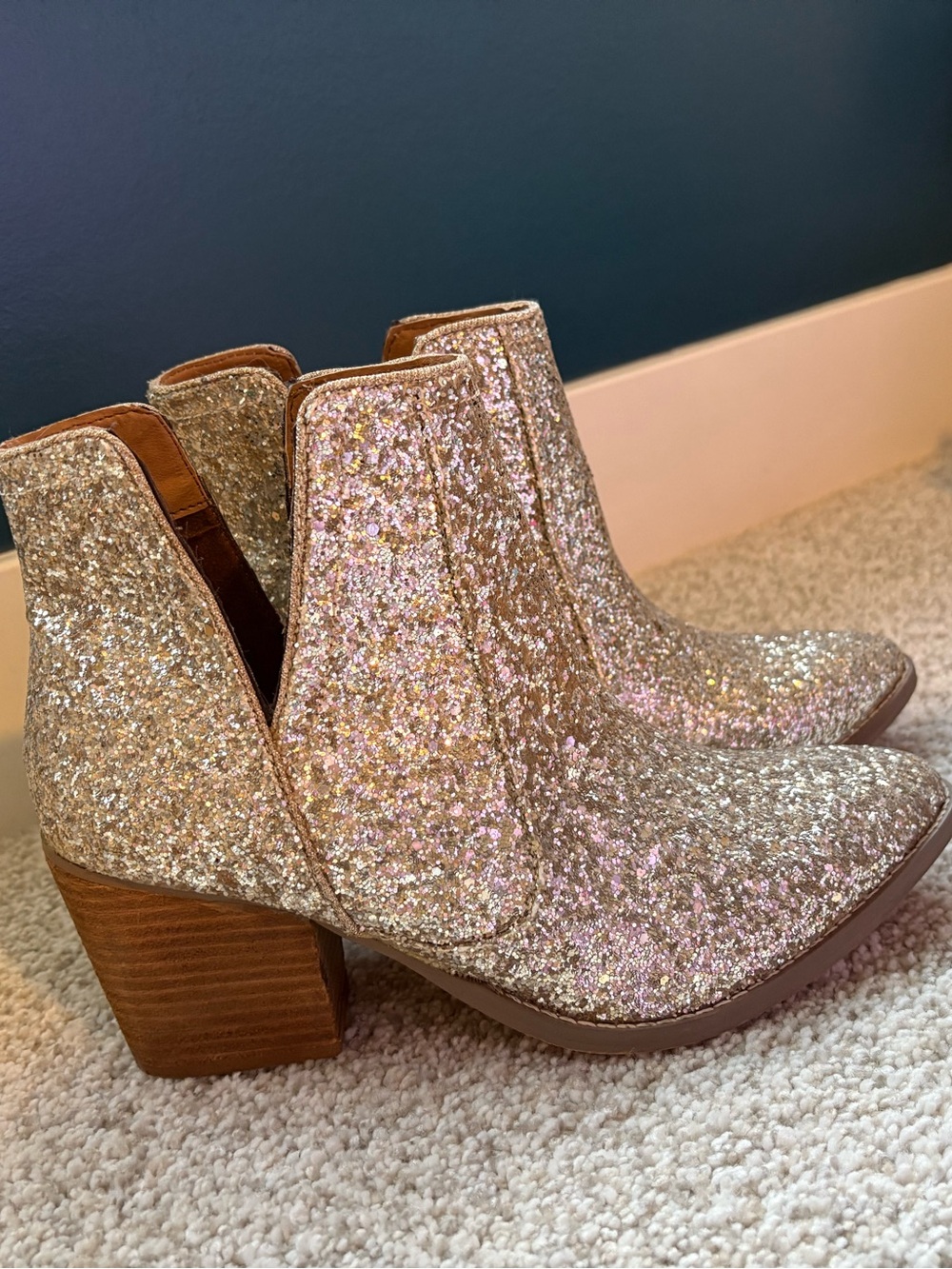 Glitter Block Heel Ankle Boots - Gold